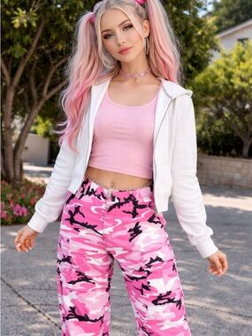 Y2K Pink Camo Cargo Jogger Pants - Vintage